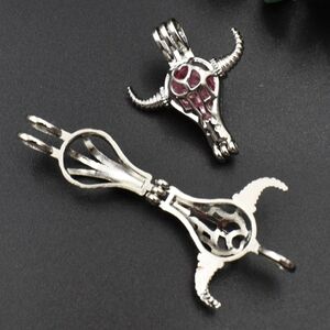🐂 Bull Skull Cage Pendant | Silver Tone | FREE Crystal Included | Gothic Wester